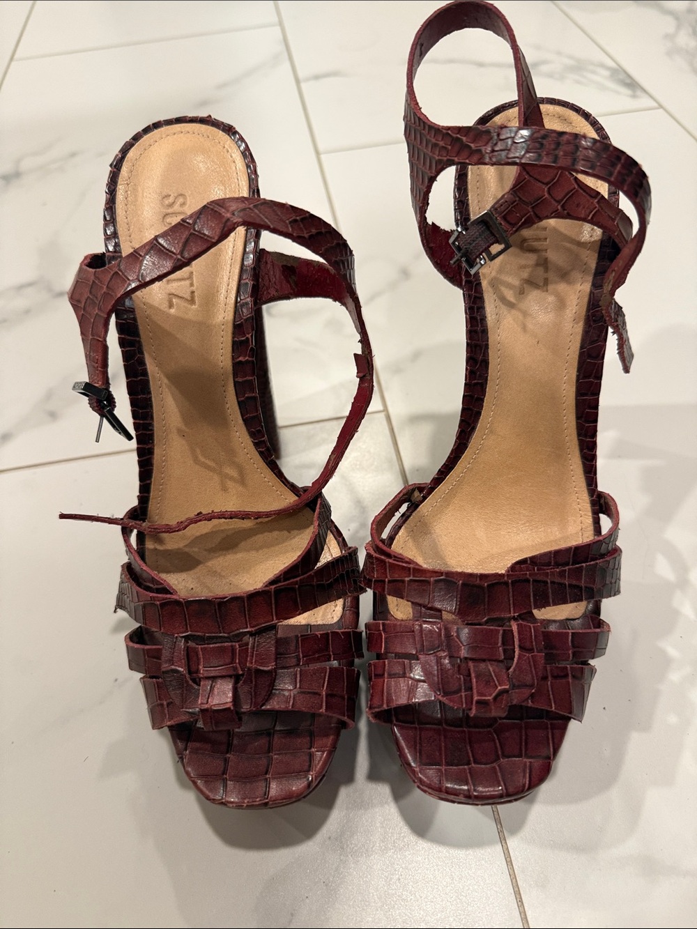 SCHUTZ Burgundy Croc-Embossed Platform Slingback Heels - Picture 2 of 5